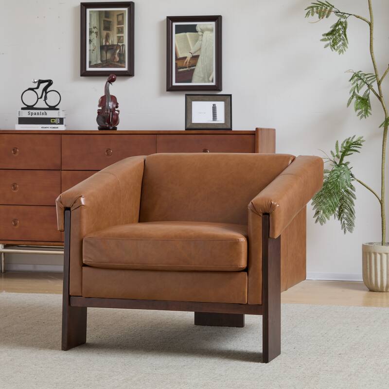 Faux Leather Armchair Modern Reading Chair with Square Armrests - Brown