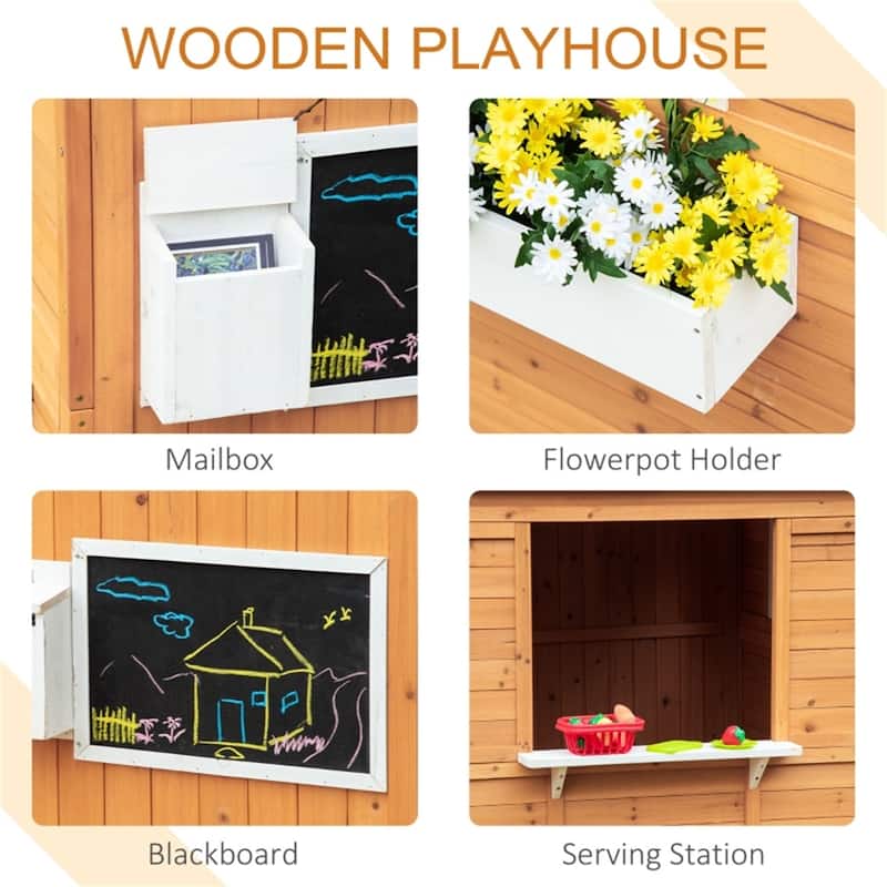 Yellow Wooden Kids Outdoor Playhouse with Mailbox Blackboard Bench and Flowerpot Holder - 48" L x 42.5" W x 53.25" H