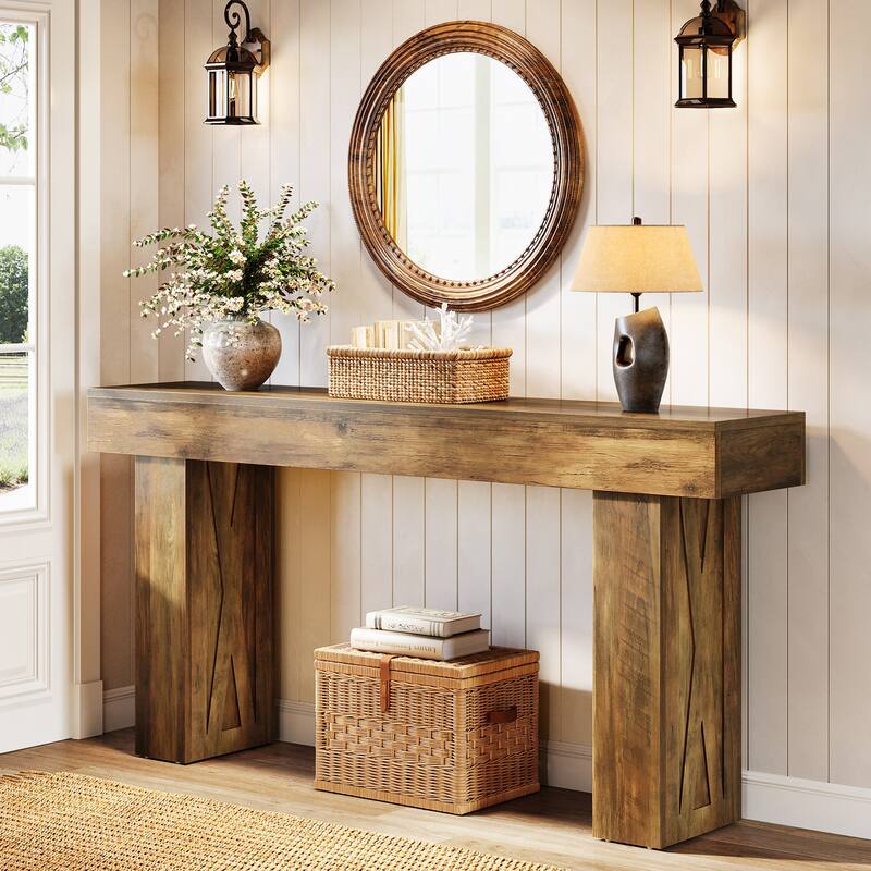 63-Inch Wood Narrow Console Sofa Table with Pedestal for Entryway - Brown