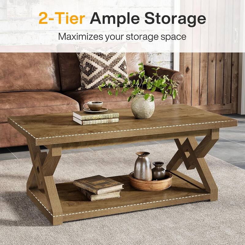 47.24" Rectangle Coffee Table, 2-Tier Farmhouse Center Table for Living Room - 47.24" L × 23.62" W × 19.69" H