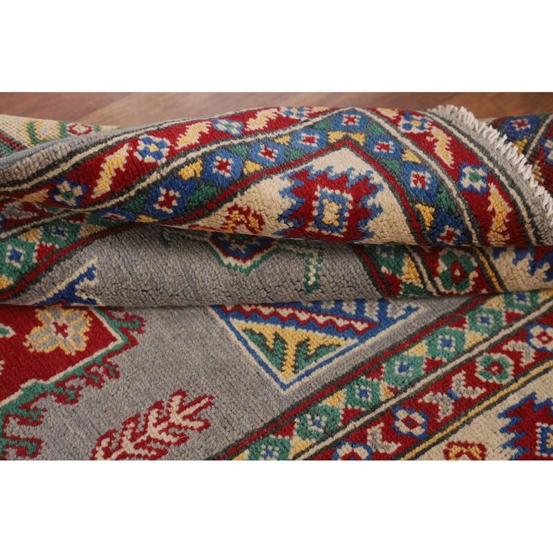 Gray Geometric Kazak Accent Rug Hand-Knotted Wool Carpet - 3'4" x 4'11"