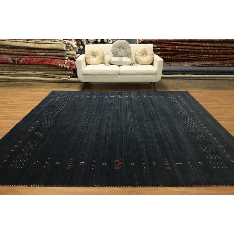 Hand Knotted Oriental 100% Wool Carpet Tribal Animal Pictorial Navy Blue & Blues Gabbeh Area Rug - 8' 11'' X 9' 1''