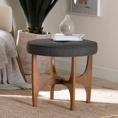 Theo Japandi Greyish Beige Fabric and Walnut Brown Finished Wood Ottoman Footstool