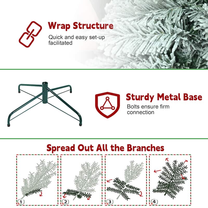 Flocked Pencil Christmas Tree - Slim PVC Branches, Snowy Finish, Space-Saving, Metal Stand - Green,White