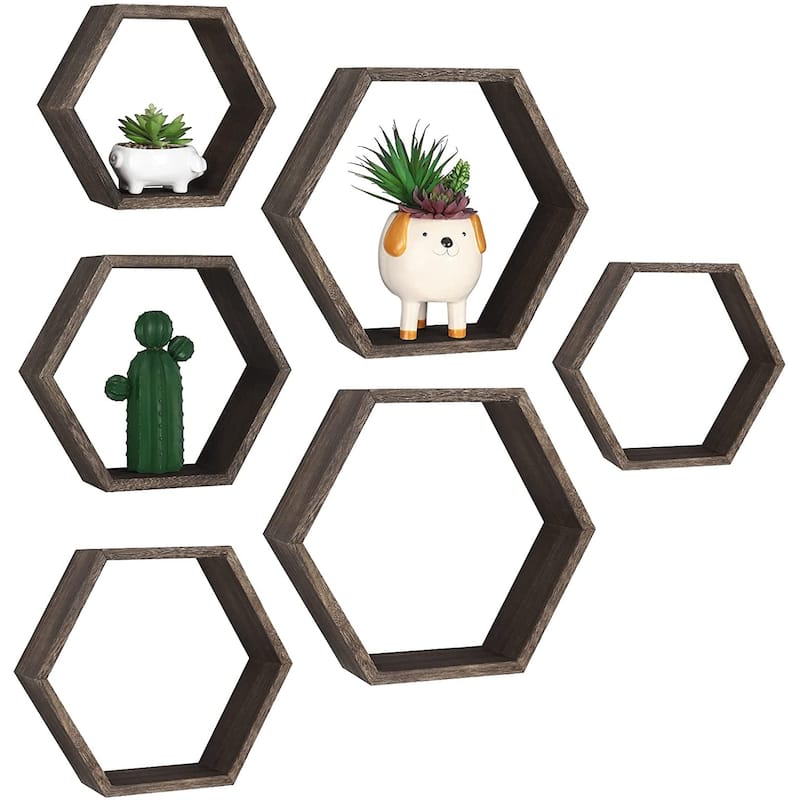 Set of 6 Wooden Hexagon Rustic Floating Shelves in Deep Natural Wood