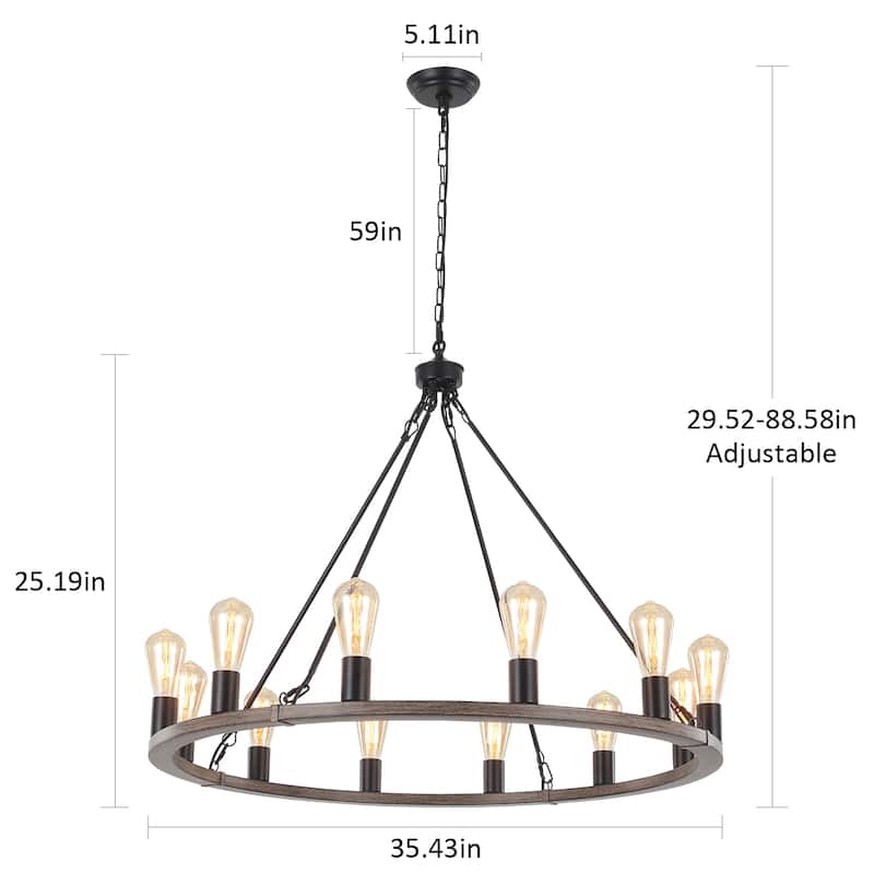 35.43-inch Round Wagon Wheel Chandelier, 12-light Adjustable Chandelier for Living Room Kitchen Island Dining Foyer