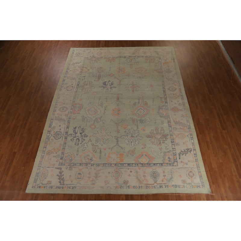 Hand Knotted Oriental 100% Wool Carpet Transitional All-Over Green Oushak Area Rug - 13' 9'' X 10' 4''