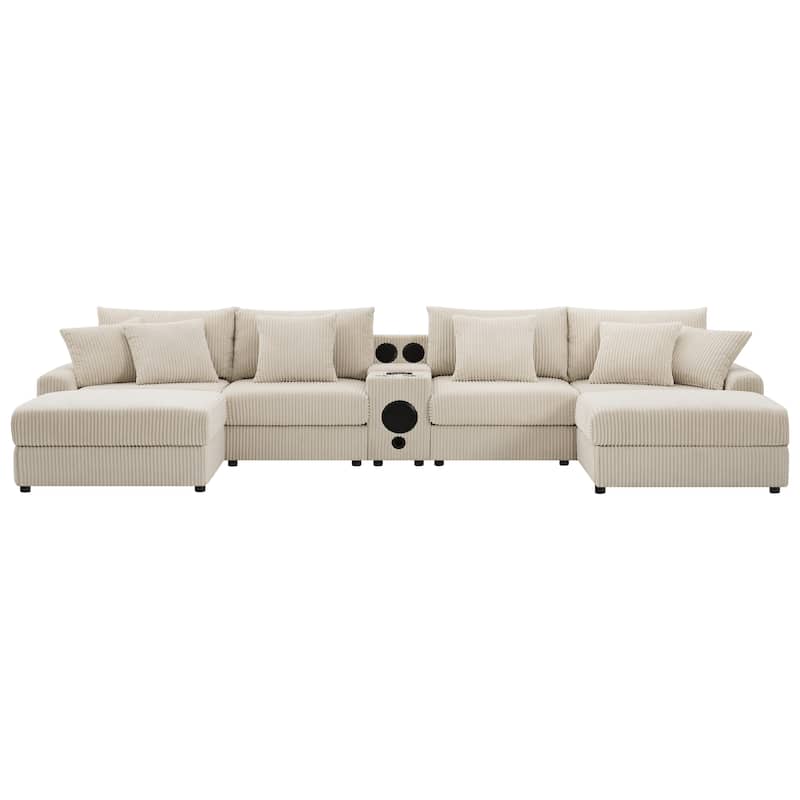 U-Shaped Cloud Corduroy Sectional Sofa with Console, Cup Holders, Bluetooth Speakers, Charging, Storage Ottoman, Deep Seats Sofa