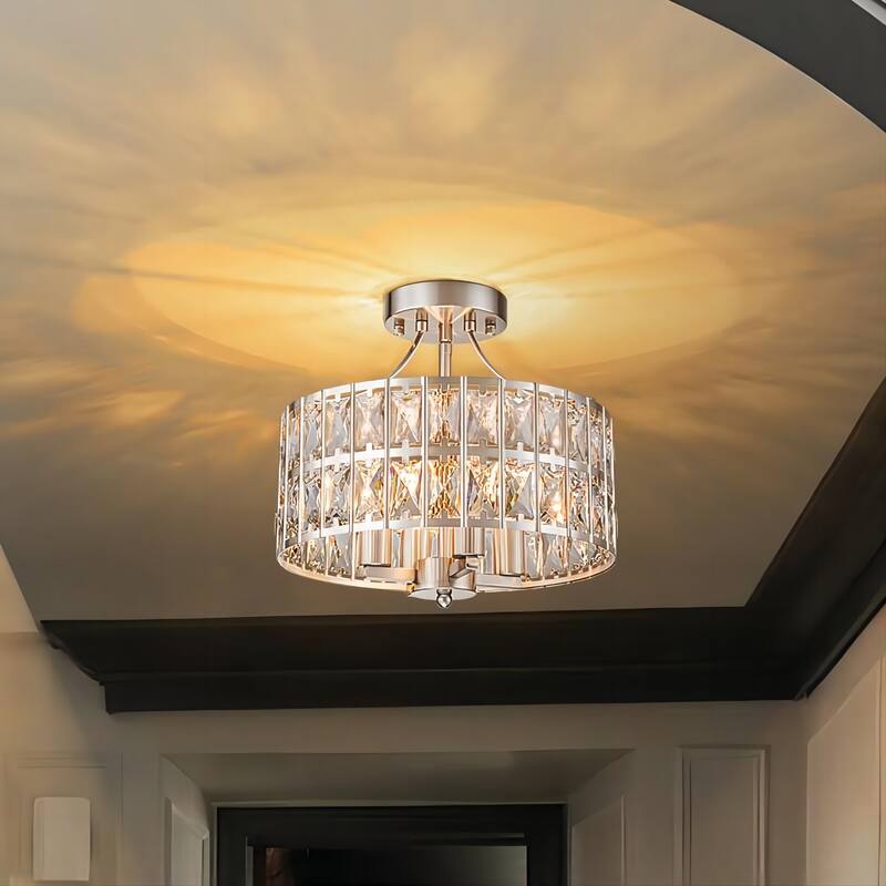 4-Light 13-inch Mid-Century Modern Crystal Drum Ceiling Light Lantern Crystal Semi-Flush Mount Light - Brushed Nickel