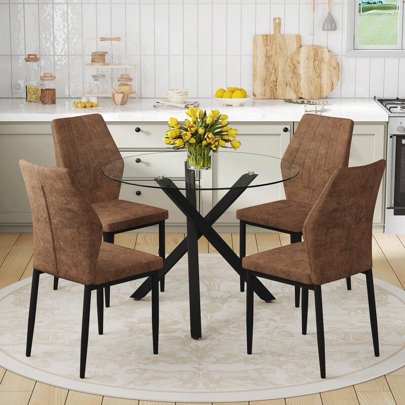 Round Dining Table Set for 4, Modern Glass Dining Room Table with 4 Chairs, 5 Piece Kitchen Table and Chairs Set for Small Space