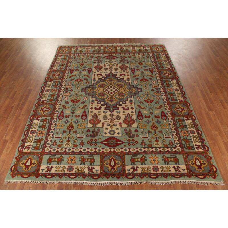 Tribal Green Geometric Heriz Serapi Area Rug Hand-Knotted Wool Carpet - 7'11"x 9'10"