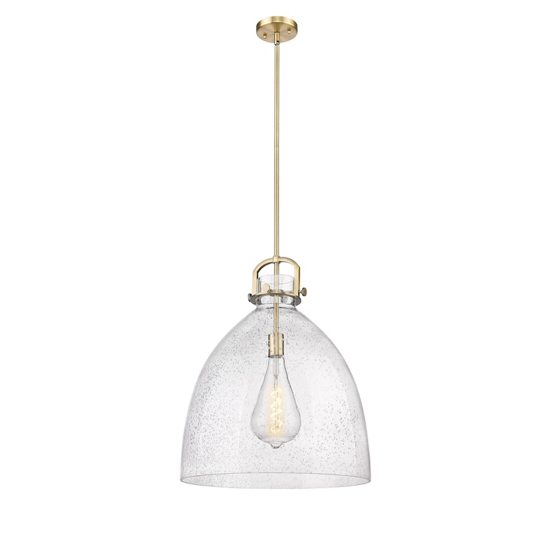 Innovations Lighting Newton Bell - 1 Light 18" Stem Hung Pendant - Brushed Brass/Seedy