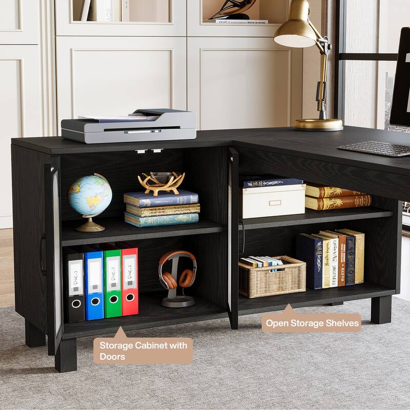 59-Inch L Shaped Desk with Storage Cabinet, Corner Executive Desk