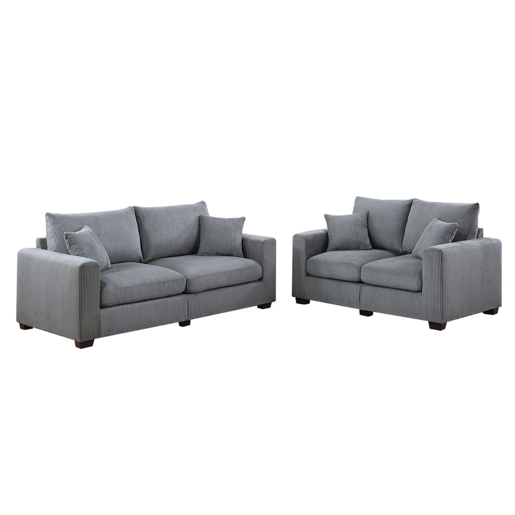 2 Piece Corduroy Upholstered Sofa Set with 2 Throw Pillows