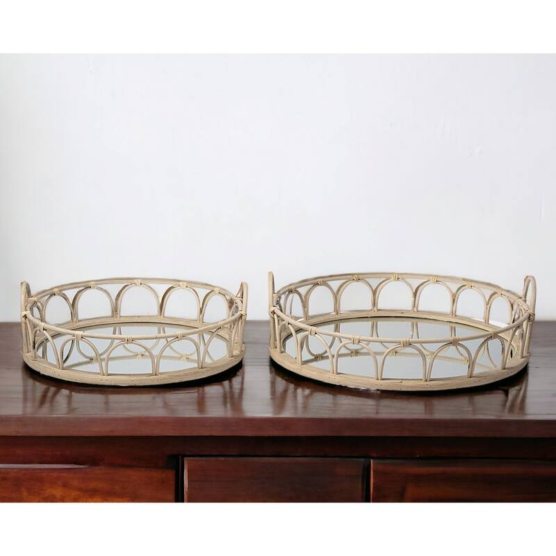 HomeRoots Set Of 2 20" Natural Blonde Wood With Intricately Railings And Mirrored Glass Bottom Round Tray - Brown