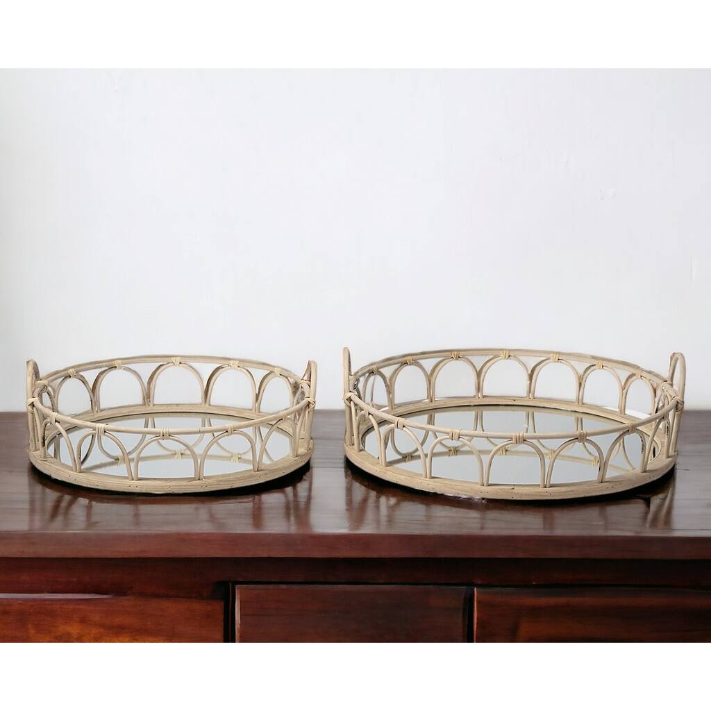 HomeRoots Set Of 2 20" Natural Blonde Wood With Intricately Railings And Mirrored Glass Bottom Round Tray