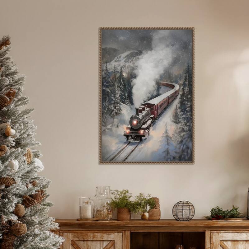 Snowfall Steam Train by Melloi Art Prints (23 x 33 in.), Framed Canvas Wall Art Print - Sylvie Beaded Dark Gold