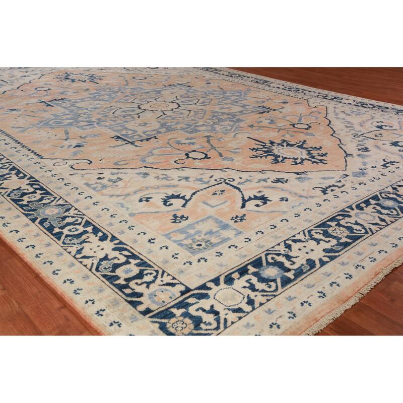 Orange Vegetable Dye Heriz Serapi Rug Hand-Knotted Wool Carpet - 8'11"x 11'11" - 8'11"x 11'11" - Orange