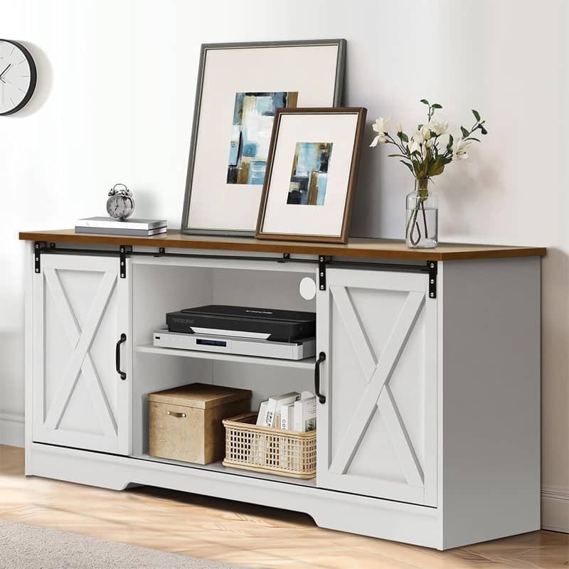 Modern Farmhouse Wood TV Stand for TVs up to 58 inches, with Sliding Barn Doors, 3 Adjustable Shelves