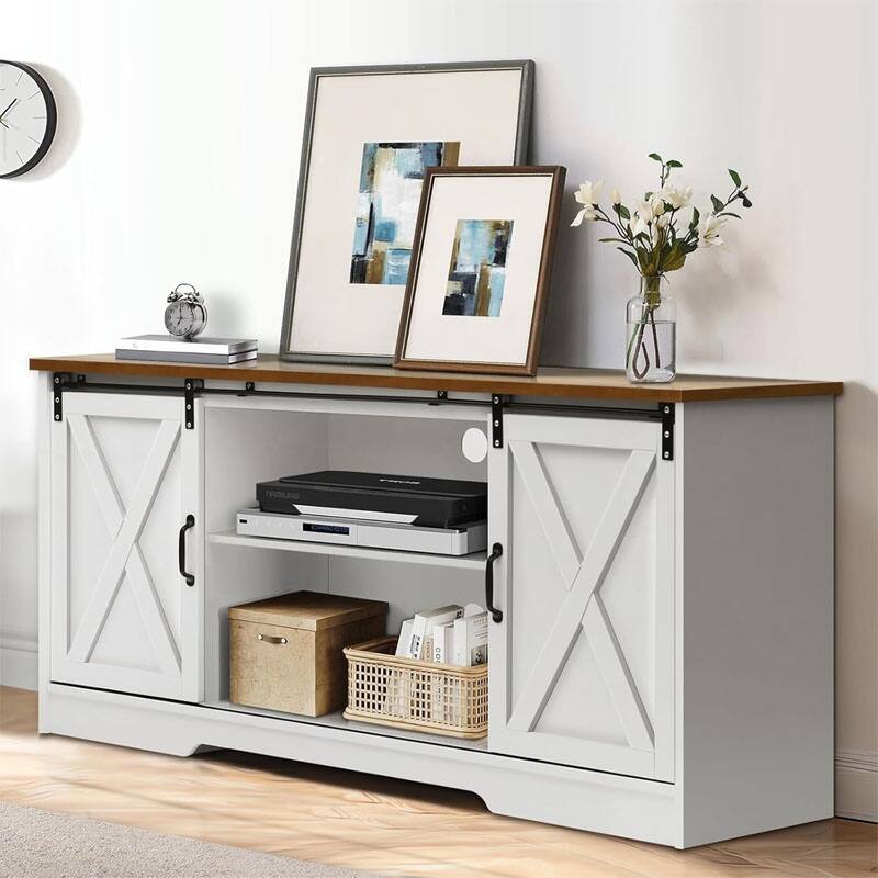 Wood Media Console Table, TV Stand with Sliding Barn Doors, Entertainment Center with Adjustable Shelves