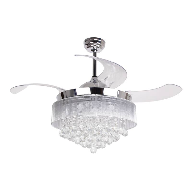 Modern Chrome 46-inch LED Crystal Chandelier Ceiling Fan with Remote Control, Retractable Blades, 3000K/4000K - 46" W x 12.5" H