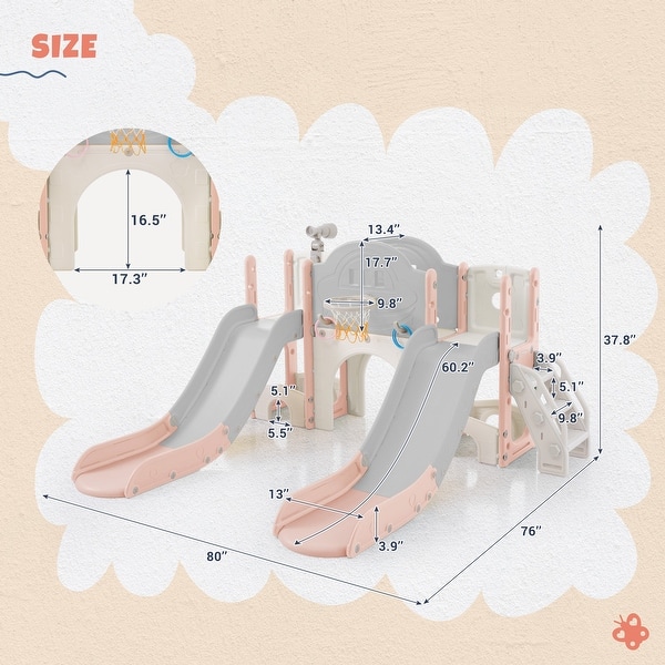 dimension image slide 0 of 5, 7 in 1 Toddler Slide Playset, Kids Climbers Playground with Double Slides, Arch Tunnel, Ring Toss and Basketball Hoop