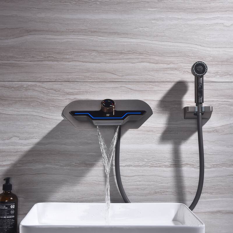 Wall-mounted Brass LED Digital Display Bathroom Faucets With Handheld Shower - Gunmetal Gray