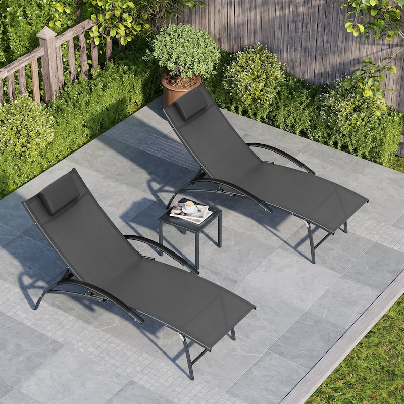 3-piece Outdoor Adjustable Aluminum Reclining Chaise Lounge Chairs with Wheels and Side Table Set