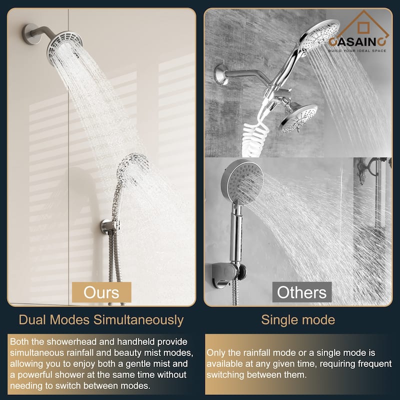 CASAINC 2-Spray 5 in. Shower Faucet Kit Wall Mounted Fixed and Handheld Dual Shower Heads 1.8 GPM - 5" x 5"