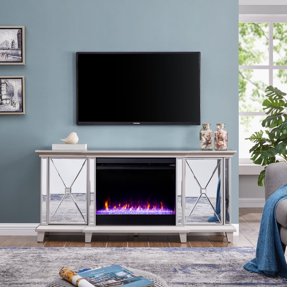SEI Furniture Mirrored Media TV Stand with Color Changing Fireplace Insert for TV's up to 62"