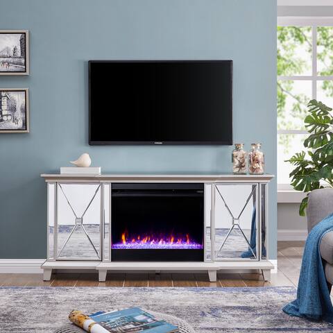 SEI Furniture Talmar Mirrored Media TV Stand with Color Changing Fireplace Insert