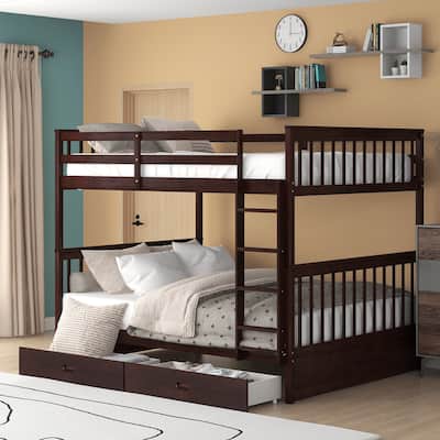 Full Over Full Bunk Bed with Drawers, Full Size Bunk Bed, Solid Wood Bunk Bed Frame with Ladders & 2 Storage Drawers