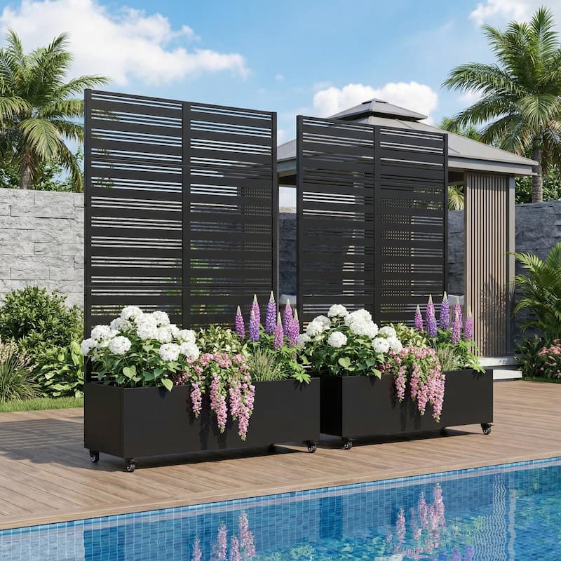 Metal Galvanized Planter Box with Trellis Privacy Screen Lockable Wheels Set of 2