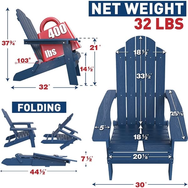 dimension image slide 1 of 6, WINSOON All Weather HIPS Outdoor Folding Adirondack Chairs Outdoor Chairs Set of 4