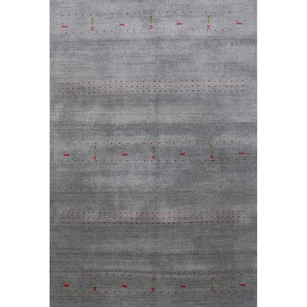 Hand Knotted Oriental 100% Wool Carpet Tribal Animal Pictorial Greys & Charcoal Gabbeh Area Rug - 7' 10'' X 5' 1''