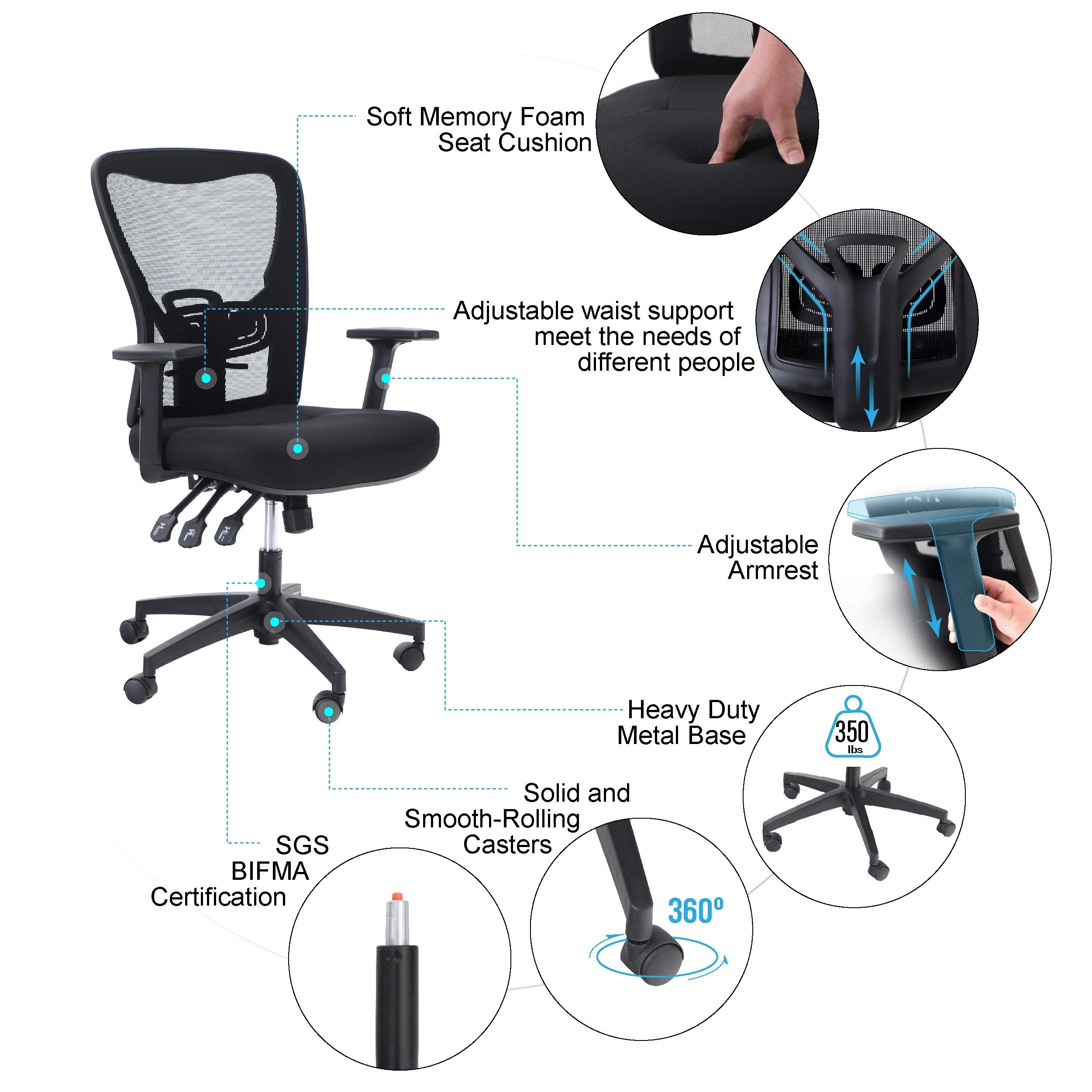 ALPHA HOME Ergonomic Fabric Mid Back Office Task Chair With Lumbar