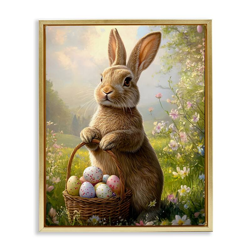 Stupell Bunny with Easter Basket Framed Floater Canvas Wall Art Design By Franklyn Gregory - 17 x 21 - Gold