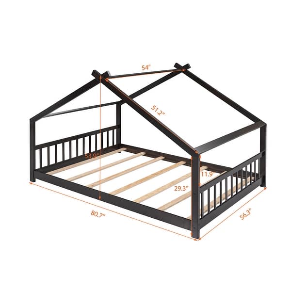 dimension image slide 1 of 3, Full Size House Bed with Roof, Pinewood Frame, for Kids' Play and Sleep