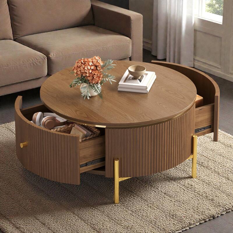 Modern Round Coffee Table with 2 Large Drawers, Marble Pattern MDF Top and Gold Metal Legs