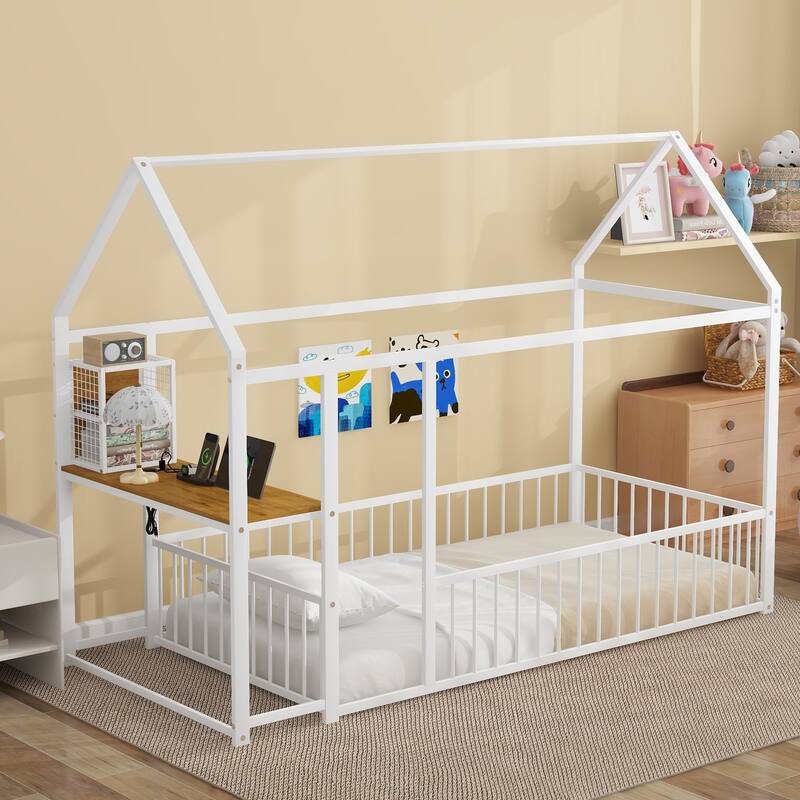 House Bed with Desk and Storage - Twin/Full Metal Frame with USB Ports, Power Outlets, and Shelves