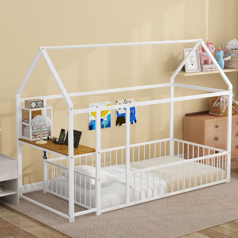 Stylish Twin Metal House Bed with Desk, Shelves, USB Ports, and Power Outlets - Modern Kids Bed - White - Twin