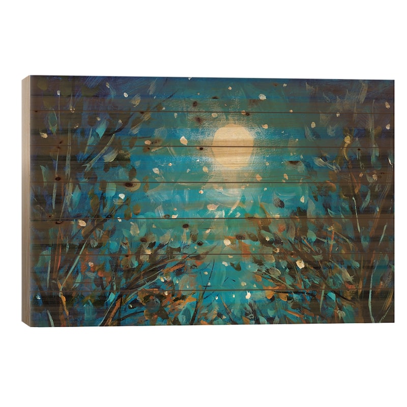 Trees Under A Glowing Moon In A Blue Starry Sky Print On Wood by Valery Rybakow - Multi-Color - 18x26x1.5