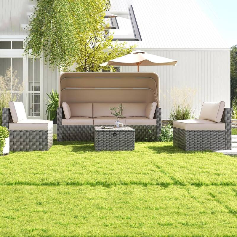 6-Piece PE Rattan Patio Sectional Set, Weather-Resistant Furniture, Retractable Canopy, Adjustable Backrest, Outdoor