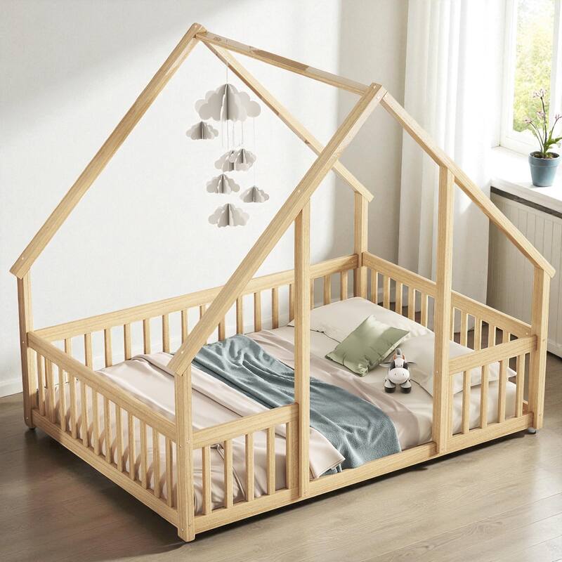 Twin/Full Size Wooden House-Shaped Floor Bed with Fence and Guardrails, Kids Montessori Bed with Roof Frame