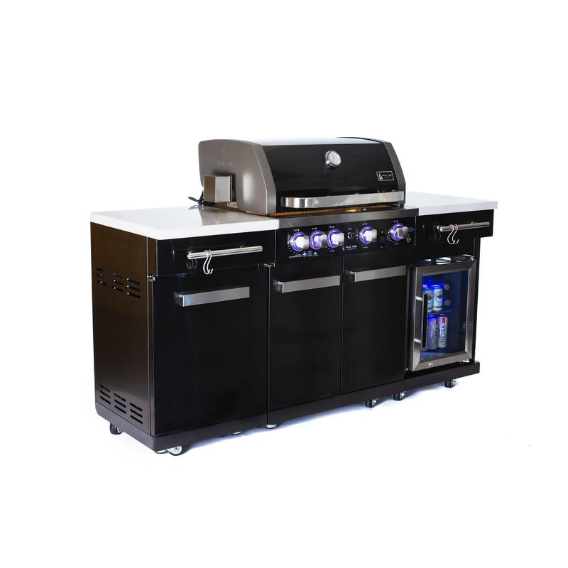 Mont Alpi MA-957FC 5-Burner 32-inch 63000 BTU Black Stainless Steel Compact Outdoor Kitchen Island Gas Grill + Fridge Cabinet