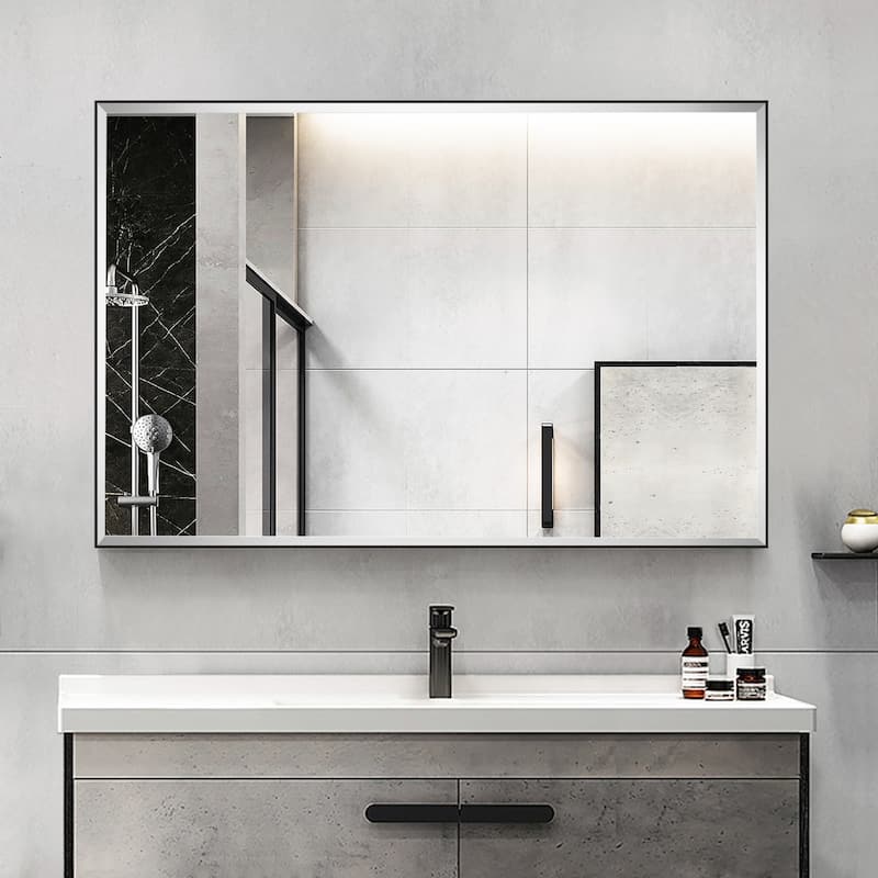 Rectangle Metal Framed Beveled Edge Bathroom Vanity Mirror - 36"W x 24"H - Black