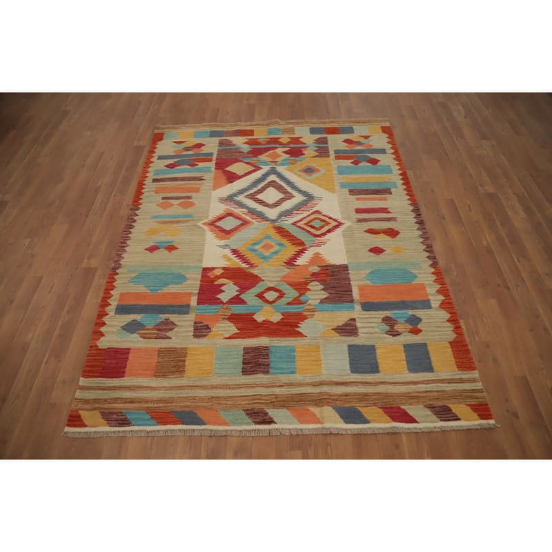 Hand Woven Oriental 100% Wool Carpet Southwestern Tribal Multi-Colored Kilim Area Rug - 6' 5'' X 4' 10''