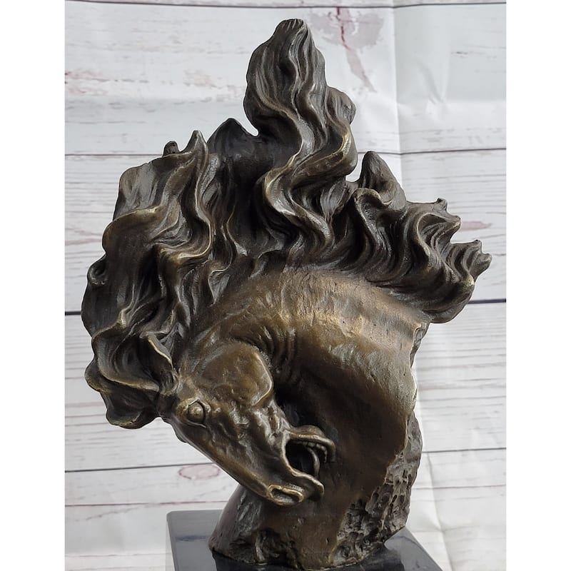 Horse Bronze Bust Stallion Sculpture Figure On Marble Base Figurine Art Signed Milo