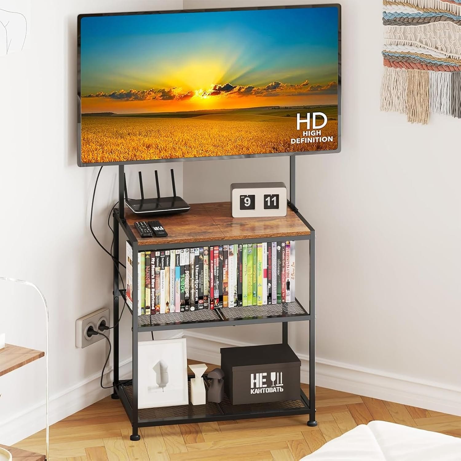 Floor Corner TV Stand with Storage Shelves for Living Room Bedroom, Universal Mount, Rustic Brown Table Desk for Small Space