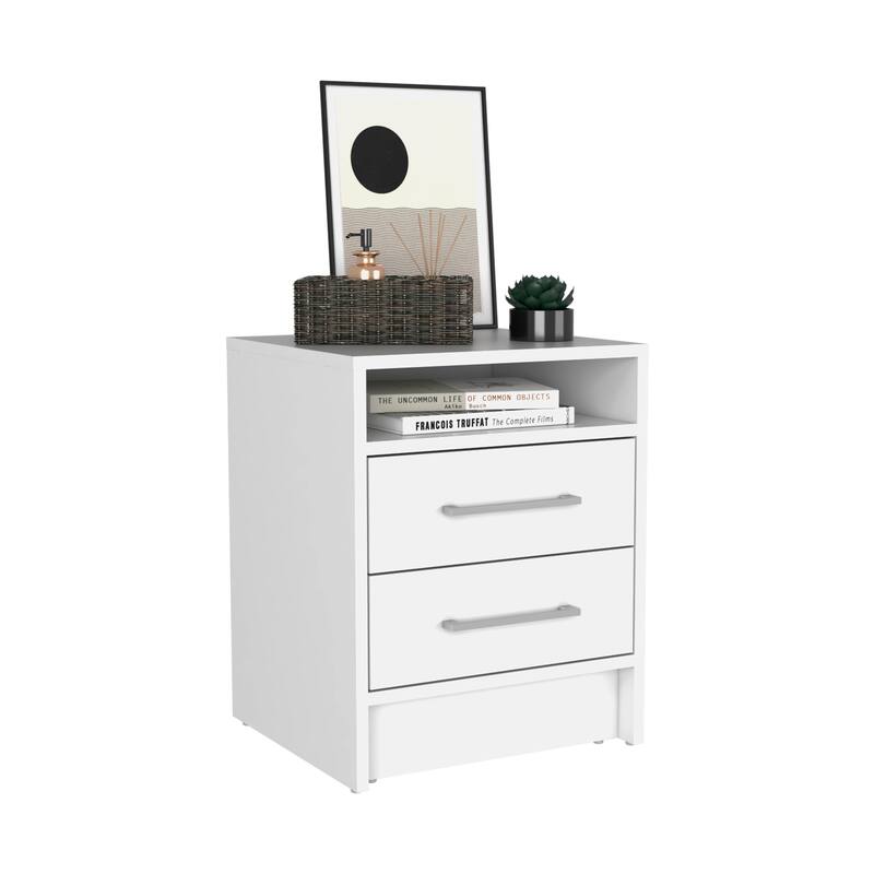 White Nightstand with 2 Drawers, 1 Shelf, and Compact Design